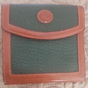 Leather green/tan wallet, some coins stains on inside of one section